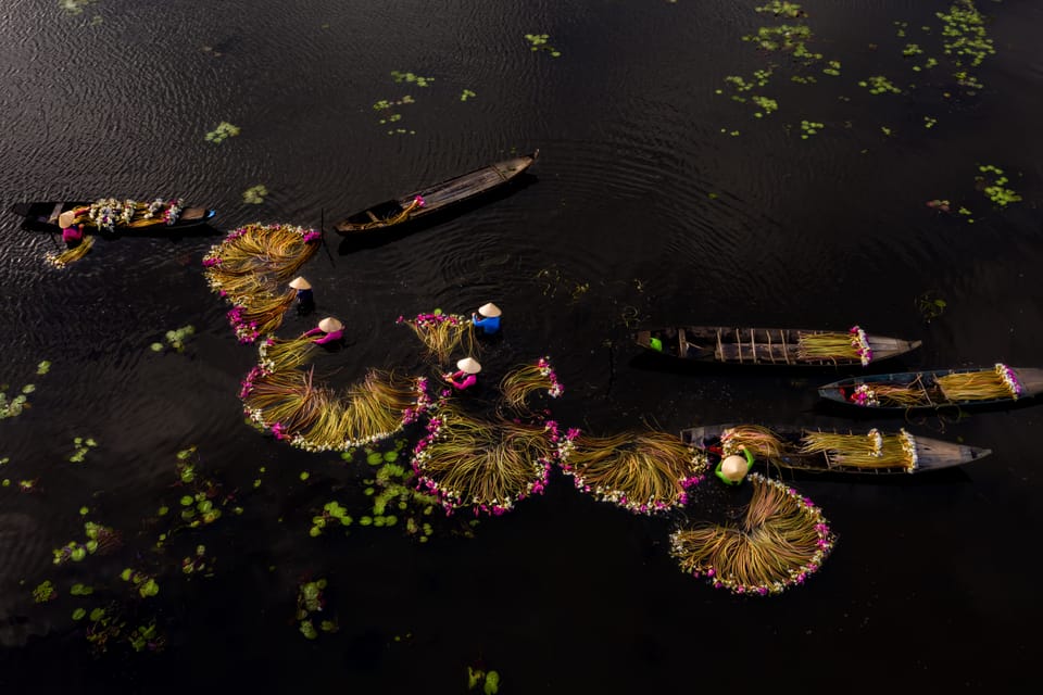 seaweed harvesters on dark water 
